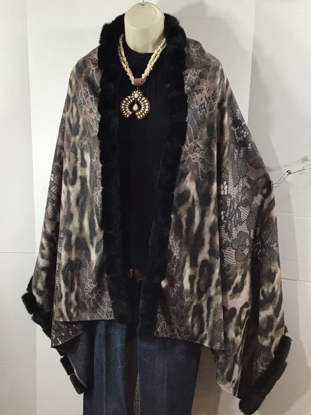 Chico’s Faux Fur Trim floral lace web Print Poncho wrap - Black Taupe OS